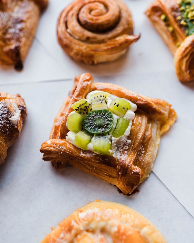 Kiwi danish among cinnamon swirls and croissants