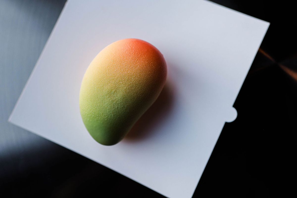 Mango-shaped mousse cake